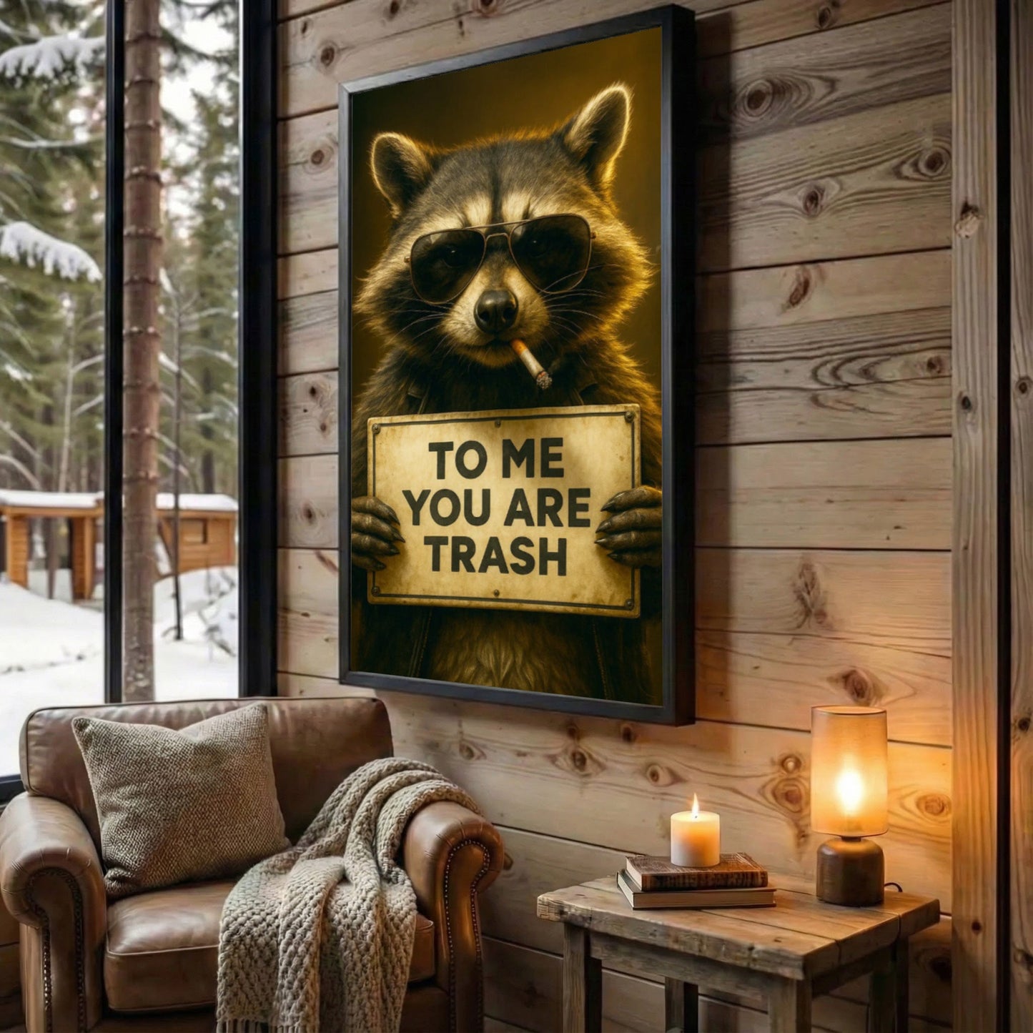Raccoon Wearing Sunglasses Smoking Cigarette Holding Funny Quote Sign Canvas Wall Art