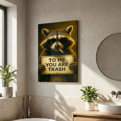 Raccoon Wearing Sunglasses Smoking Cigarette Holding Funny Quote Sign Canvas Wall Art