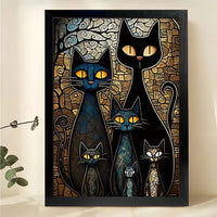 Abstract Black Cat Family – Mosaic Style Modern Cat Wall Art on Natural Wood Canvas