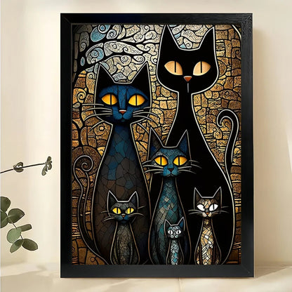 Abstract Black Cat Family – Mosaic Style Modern Cat Wall Art on Natural Wood Canvas
