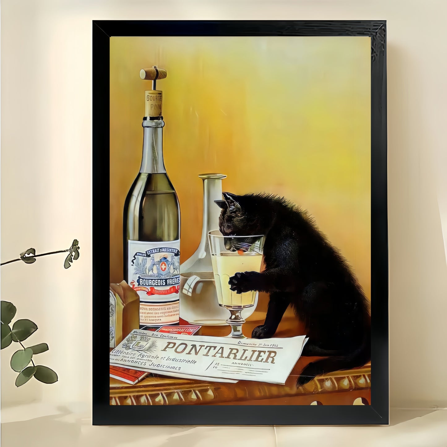 Vintage Black Cat at Bar Counter – Retro Poster Wall Art on Natural Wood Canvas