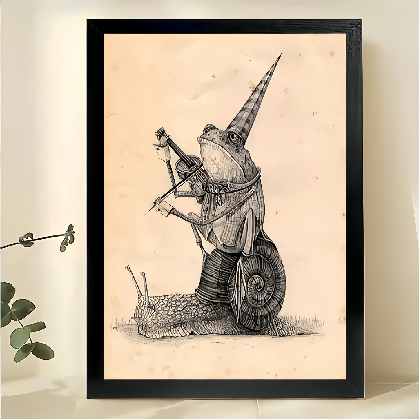 The Knight On A Snail – Vintage Whimsical Sketch Wall Art on Natural Wood Canvas