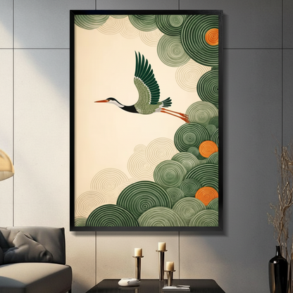 Japanese Crane Flying Green Cloud Decorative Canvas Print