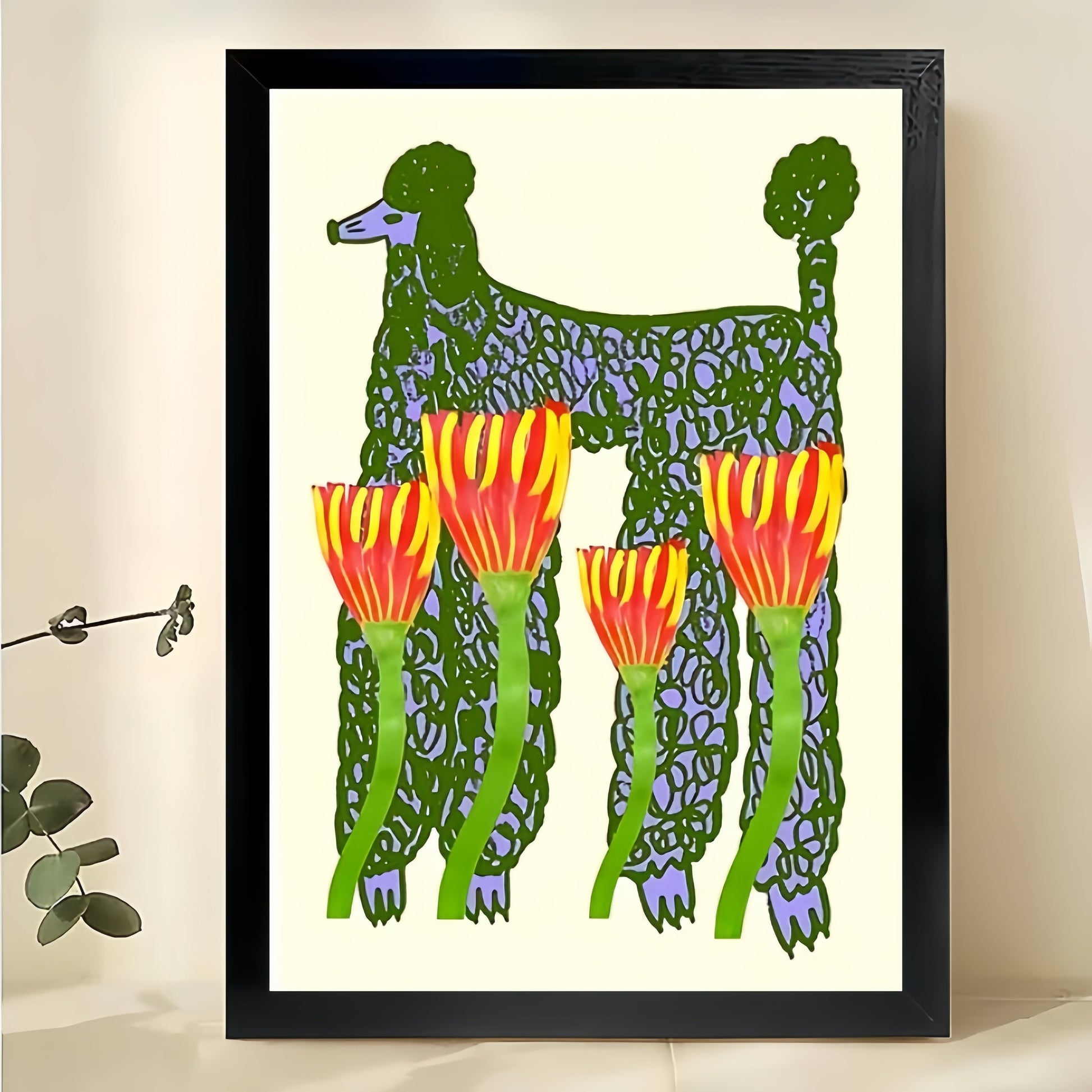 Whimsical Dog with Tulip Floral Illustration – Playful Nature Wall Art on Natural Wood Canvas