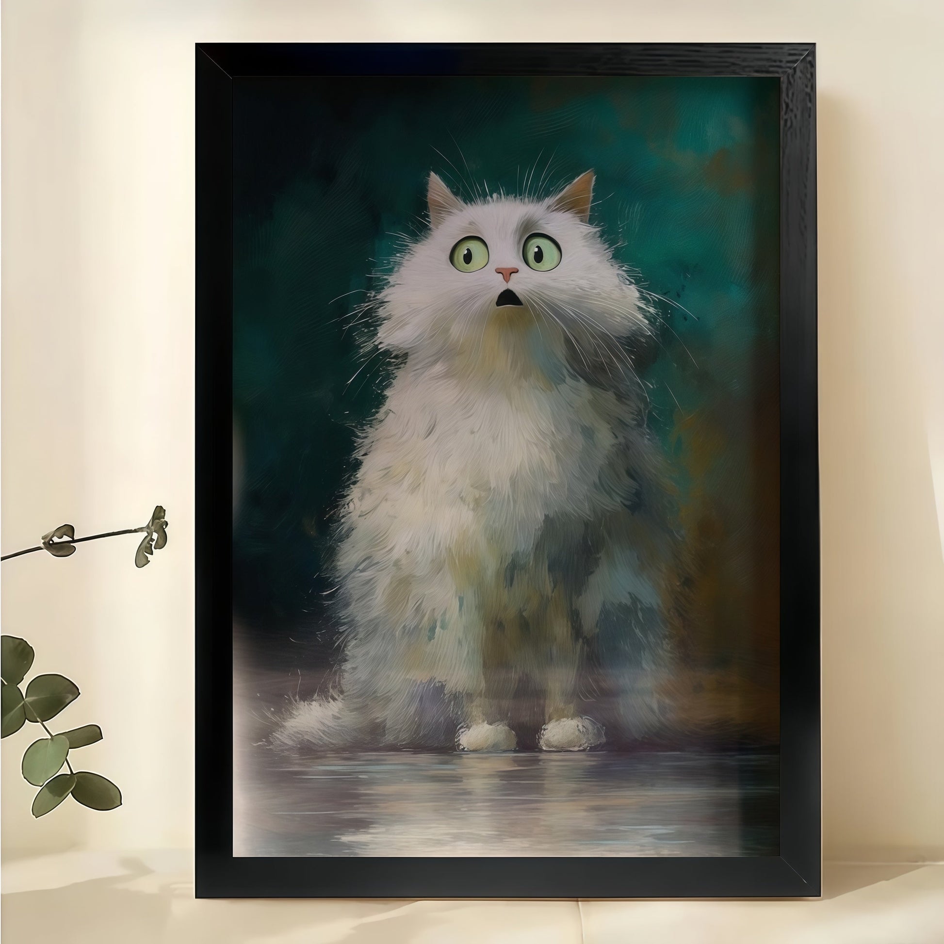 Vintage Fluffy White Cat Wall Art – Moody Realistic Cat Canvas Print with Natural Wood Frame