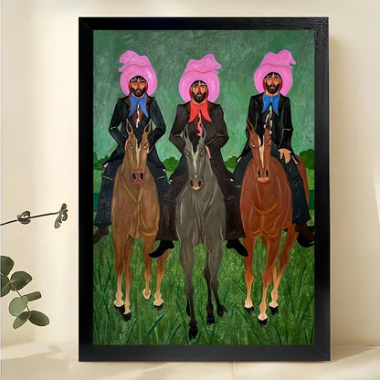 The Pink-Haired Riders – Retro Artistic Wall Art on Natural Wood Canvas