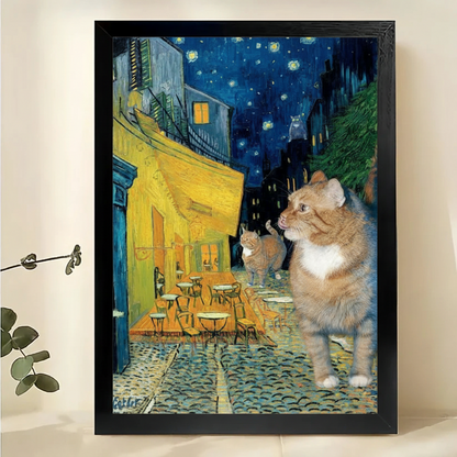 The Starry Night Cat – Van Gogh-Inspired Artistic Wall Art on Natural Wood Canvas