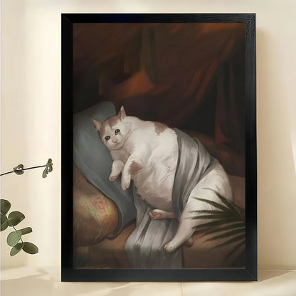 Chonky Cat Reclining – Classic Art Parody Wall Art on Natural Wood Canvas