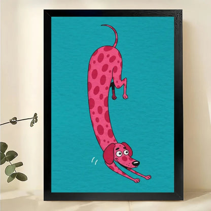 Pink Polka Dot Dachshund Wall Art – Whimsical Teal Background Sausage Dog Canvas Print on Natural Wood Frame