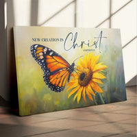 2 corinthians 5 17 new creation in christ butterfly sunflower christian wall art canvas (Landscape)