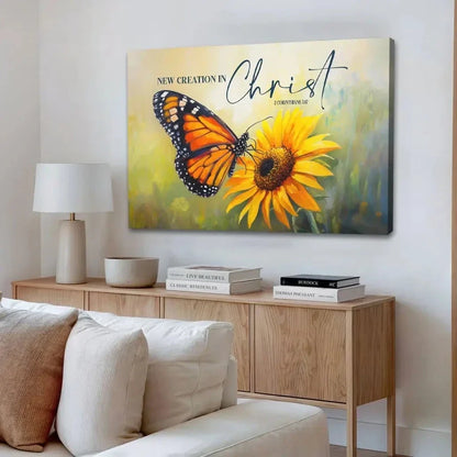 2 corinthians 5 17 new creation in christ butterfly sunflower christian wall art canvas (Landscape) (view 3)