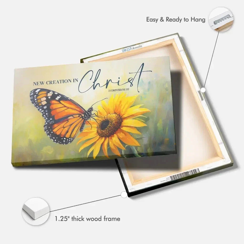 2 corinthians 5 17 new creation in christ butterfly sunflower christian wall art canvas (Landscape) (view 5)