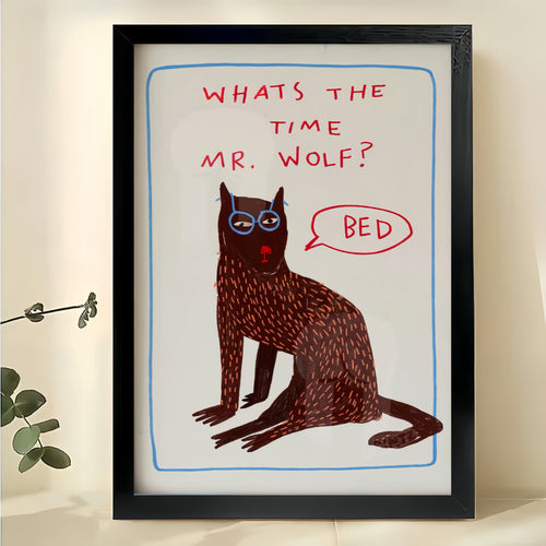 What’s the Time Mr. Wolf? Bed Funny Red Cat – Humorous Kids’ Room Wall Art on Natural Wood Canvas