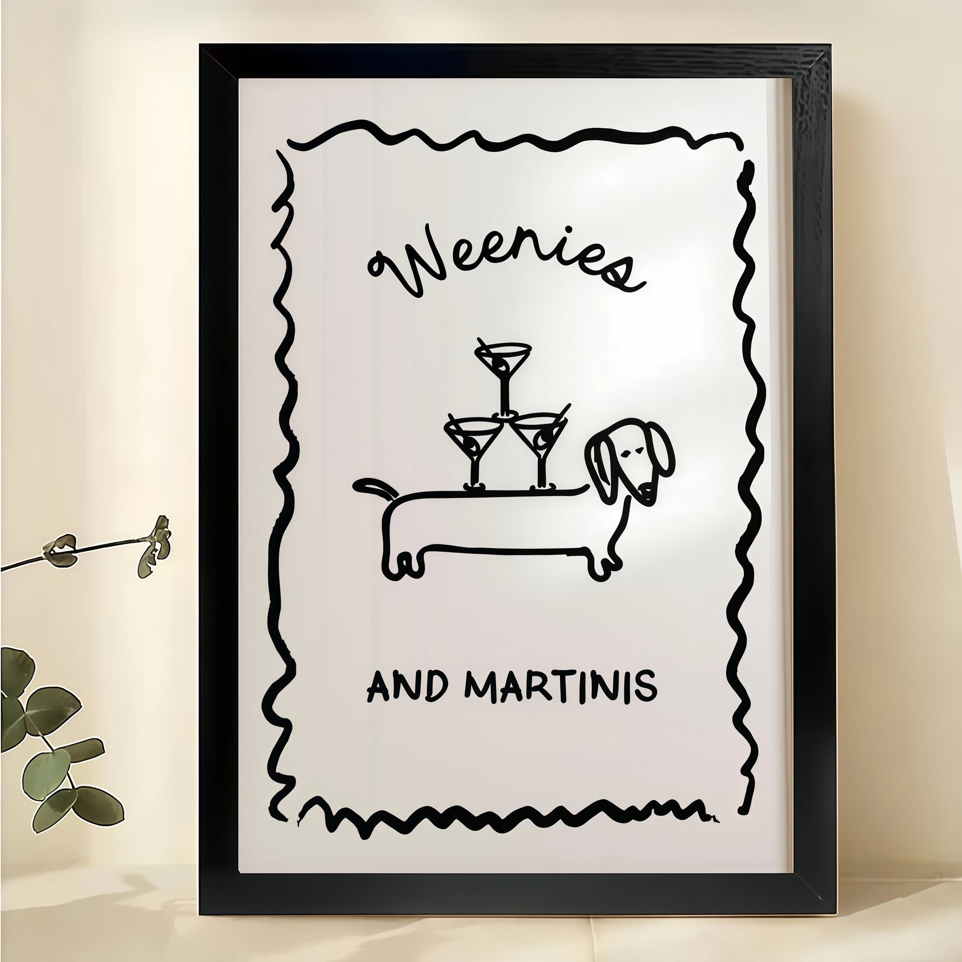 Weenies and Martinis – Funny Dachshund Cocktail Bar Wall Art on Natural Wood Canvas