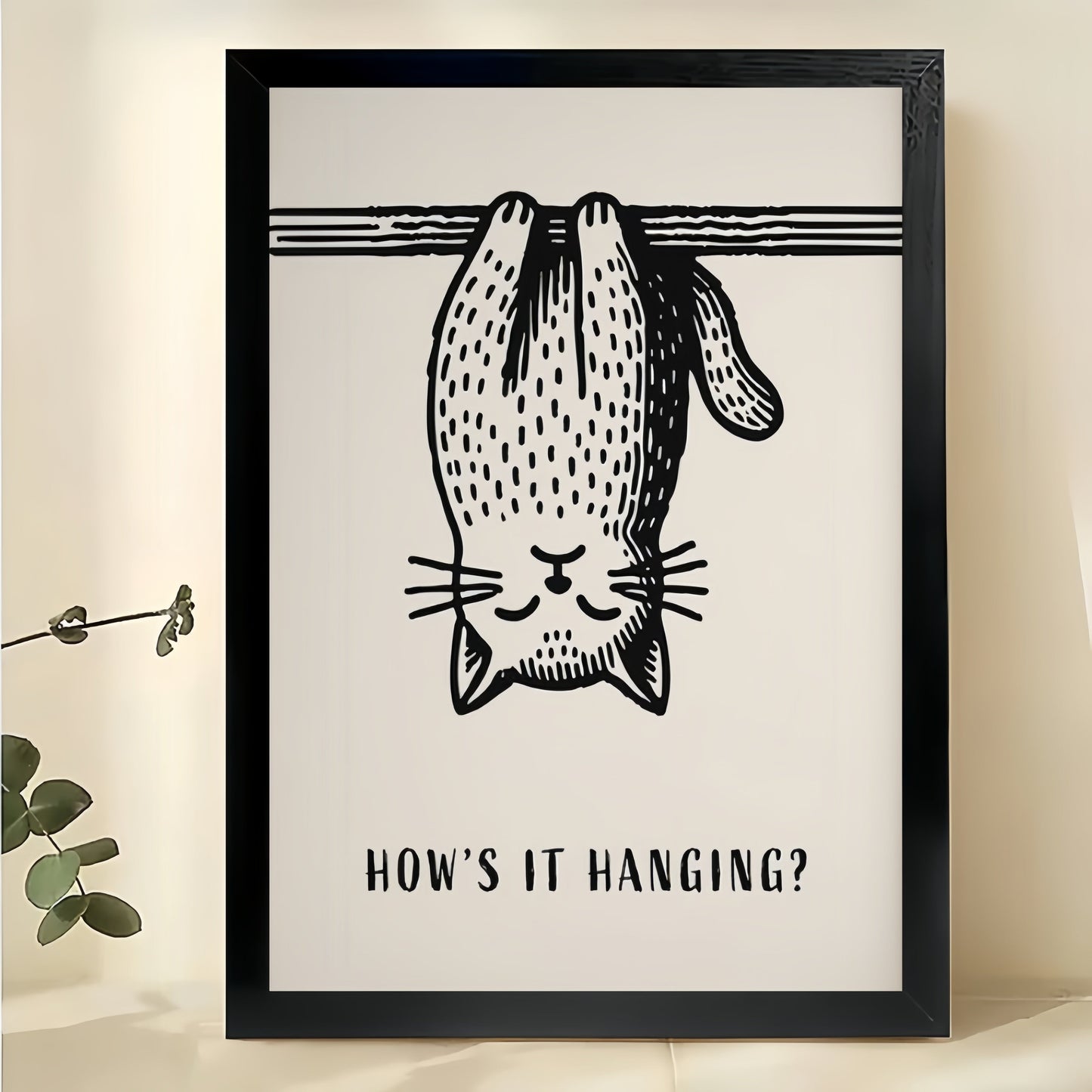 How’s It Hanging? Upside-Down Cat – Humorous Minimalist Wall Art on Natural Wood Canvas