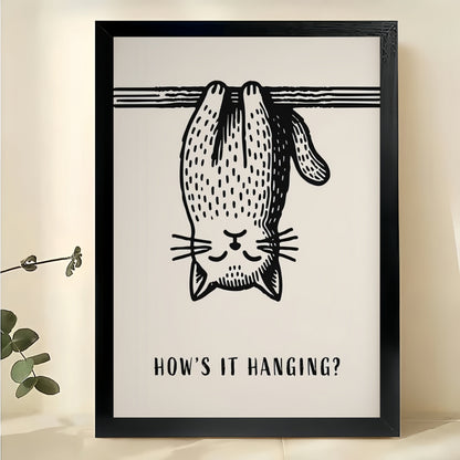 How’s It Hanging? Upside-Down Cat – Humorous Minimalist Wall Art on Natural Wood Canvas