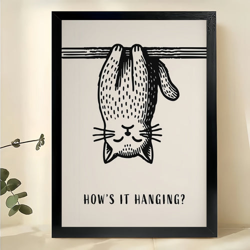 How’s It Hanging? Upside-Down Cat – Humorous Minimalist Wall Art on Natural Wood Canvas