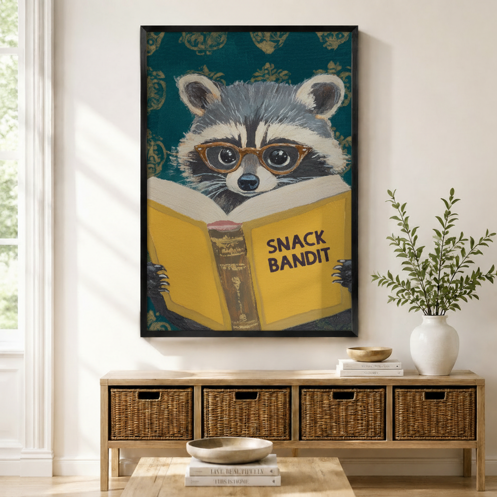 Snack Bandit Raccoon Reading Funny Impasto Canvas Print