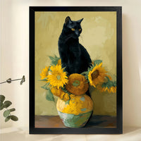 Black Cat with Sunflowers – Van Gogh Inspired Cat Still Life Wall Art on Natural Wood Canvas