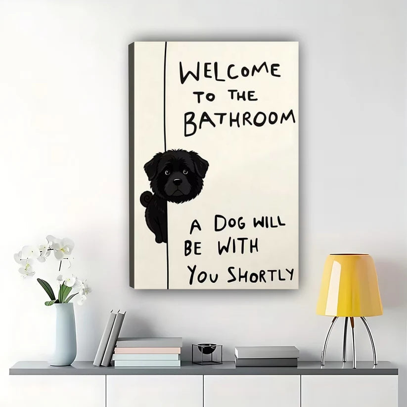 Funny Peeking Black Dog Bathroom Wall Art – Welcome Quote Framed Canvas Print