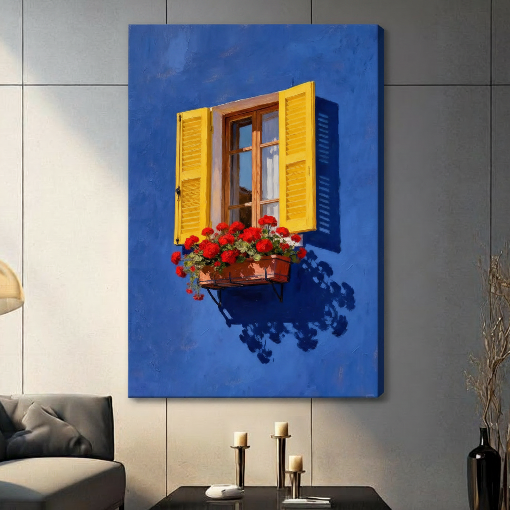 Mediterranean Blue Window Floral Canvas Art Wall Art