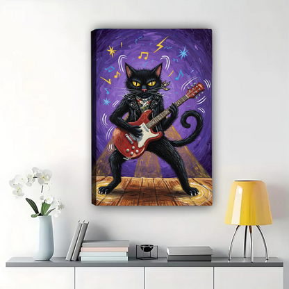 Rock Star Cat Art - Black Cat Electric Guitar Decor Canvas Wall Art