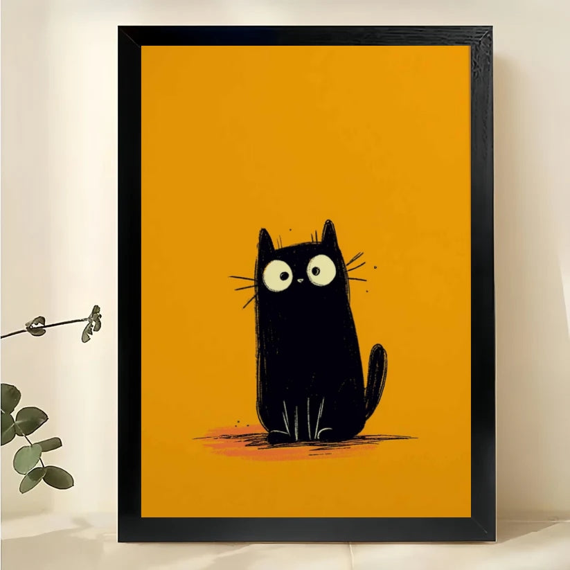 Big-Eyed Black Cat on Orange Background – Minimalist Mid-Century Wall Art on Natural Wood Canvas
