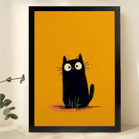 Big-Eyed Black Cat on Orange Background – Minimalist Mid-Century Wall Art on Natural Wood Canvas