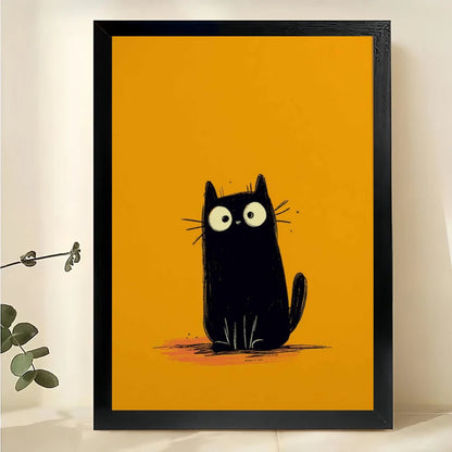 Big-Eyed Black Cat on Orange Background – Minimalist Mid-Century Wall Art on Natural Wood Canvas
