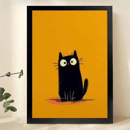 Big-Eyed Black Cat on Orange Background – Minimalist Mid-Century Wall Art on Natural Wood Canvas