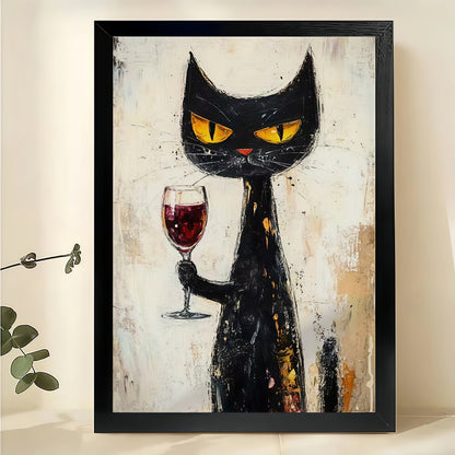 The Wine-Glass-Holding Sophisticated Black Cat – Retro Edgy Wall Art on Natural Wood Canvas