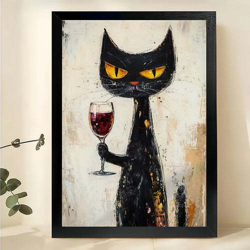 The Wine-Glass-Holding Sophisticated Black Cat – Retro Edgy Wall Art on Natural Wood Canvas