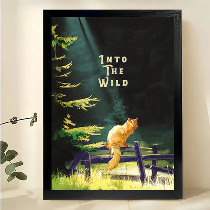 Into The Wild Orange Cat in Forest – Rustic Adventure Wall Art on Natural Wood Canvas