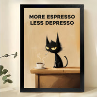 More Espresso Less Depresso Sassy Black Cat – Humorous Coffee Wall Art on Natural Wood Canvas