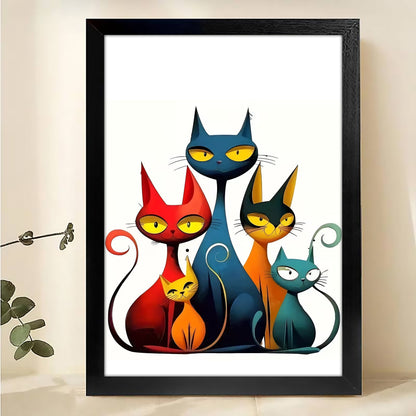 The Four Whimsical Cats – Playful Modern Feline Wall Art on Natural Wood Grain Canvas