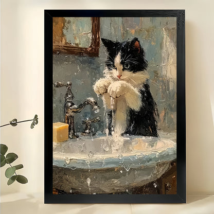 Tuxedo Cat at Sink – Vintage Oil Painting Style Cat Wall Art on Natural Wood Canvas