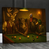 Hunter’s Billiard Crew Canvas Wall Art – Deer, Boar, Duck & Turkey Playing Pool – Rustic Hunting Cave & Lodge Decor
