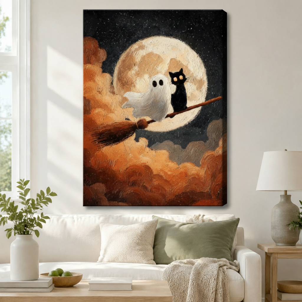 Black Cat Ghost Moonlit Halloween Canvas Wall Art