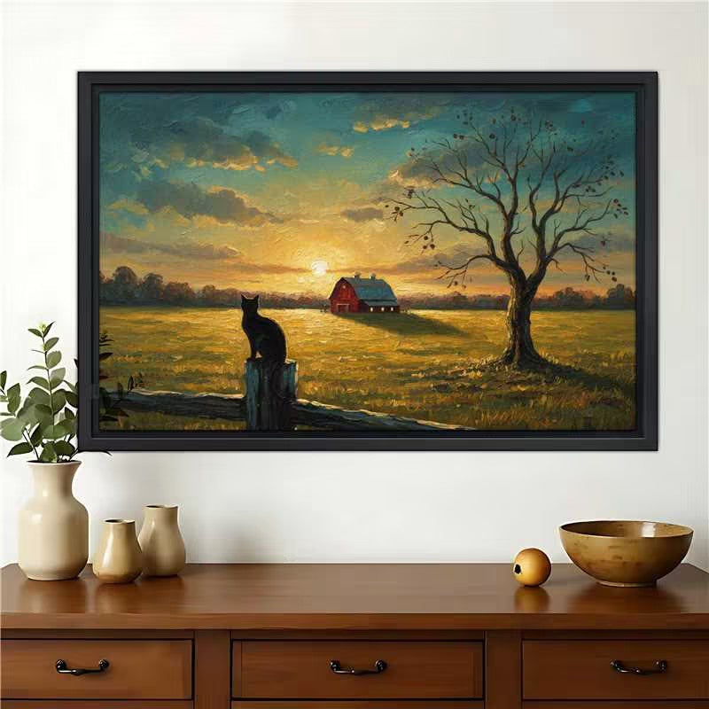 Autumn Farm Field Black Cat – Rustic Landscape Wall Art on Natural Wood Canvas