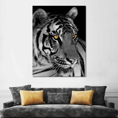 Black and White Tiger with Yellow Eyes Canvas Wall Art