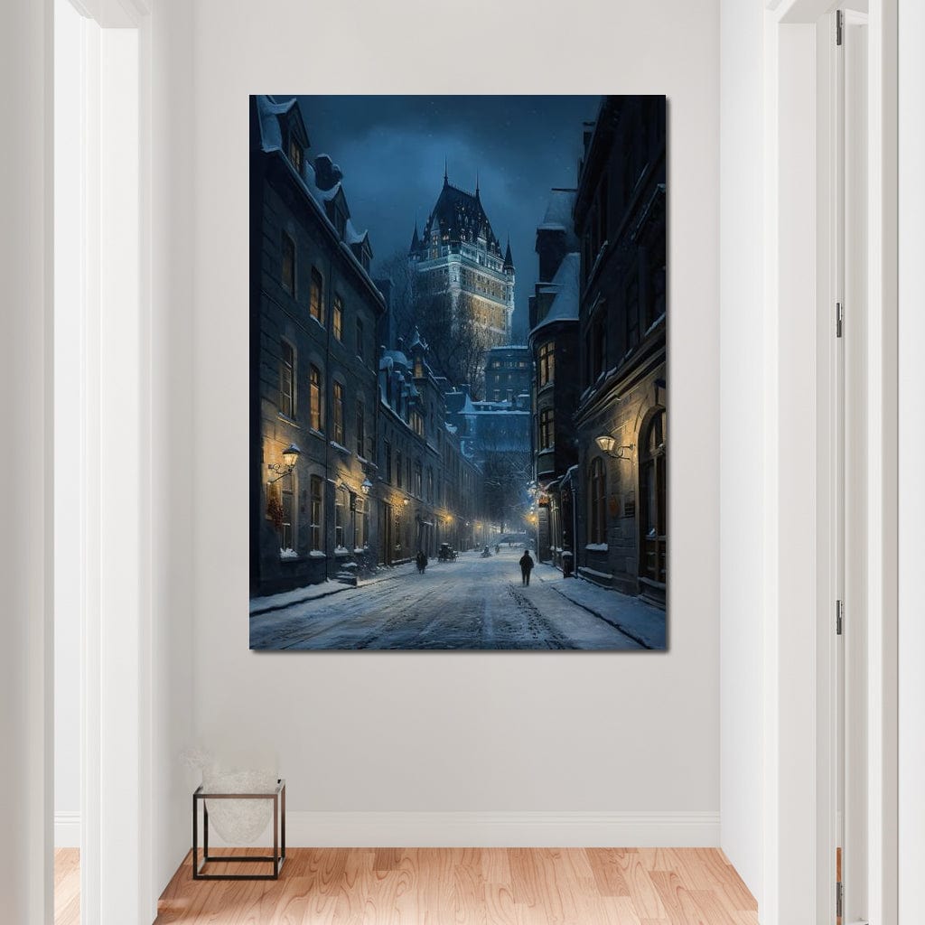 Quebec City Street On a Winter Night Canvas Wall Art