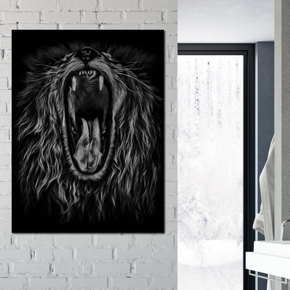 Black and White Roaring Lion Canvas Wall Art
