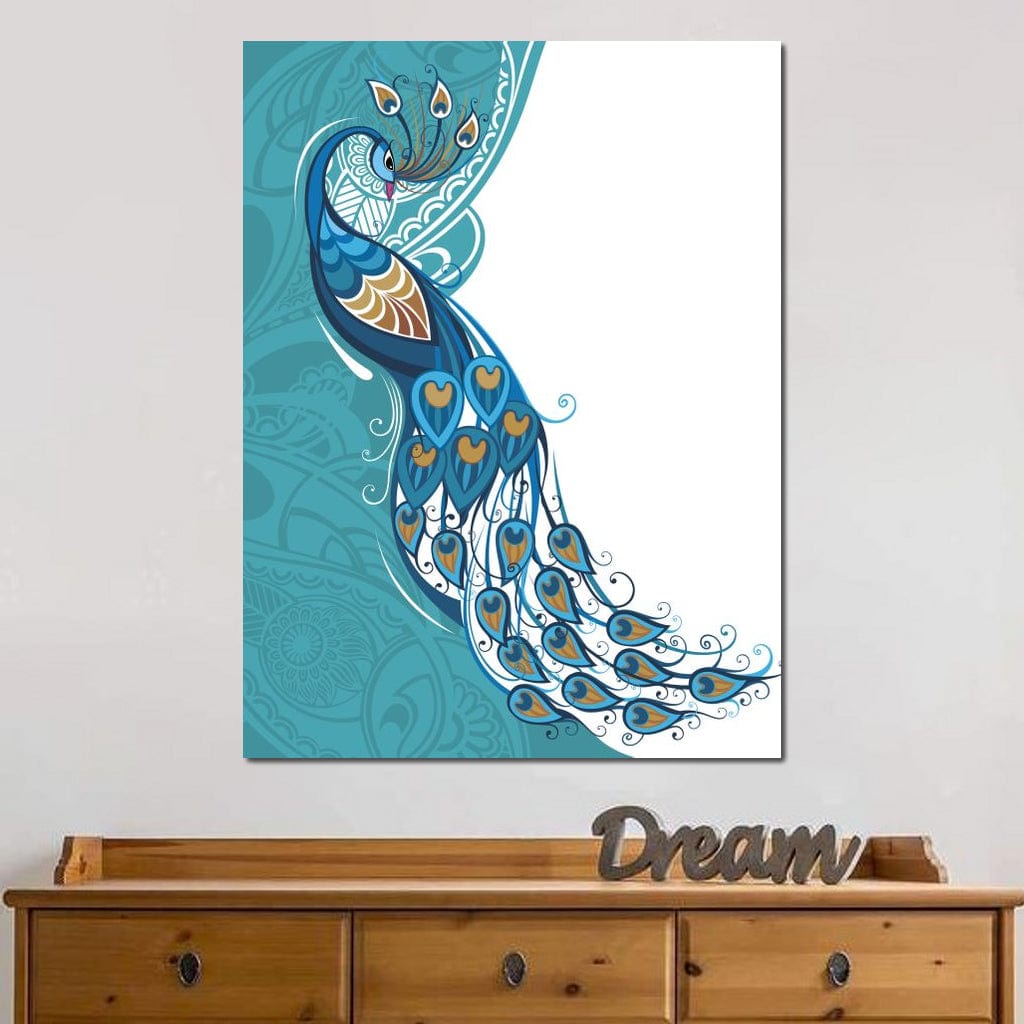 Peacock on Turquoise & White Background Canvas Wall Art