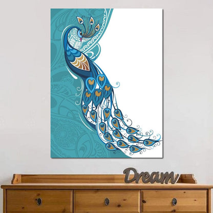 Peacock on Turquoise & White Background Canvas Wall Art