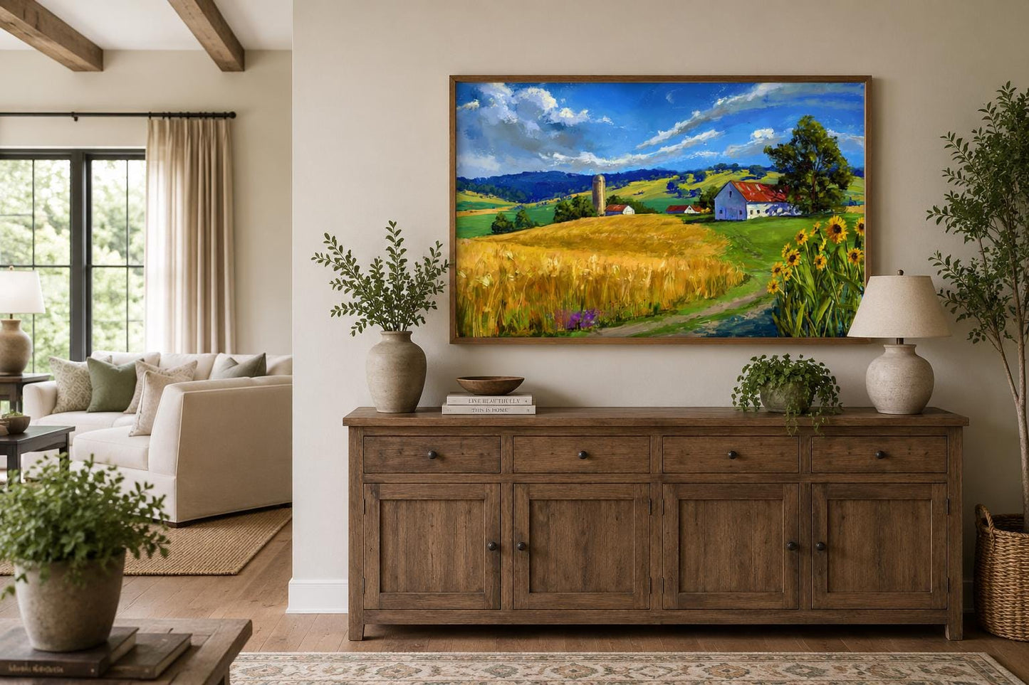 Farmhouse Landscape Wall Art - Impressionist Wheat Field with Sunflowers Canvas Print