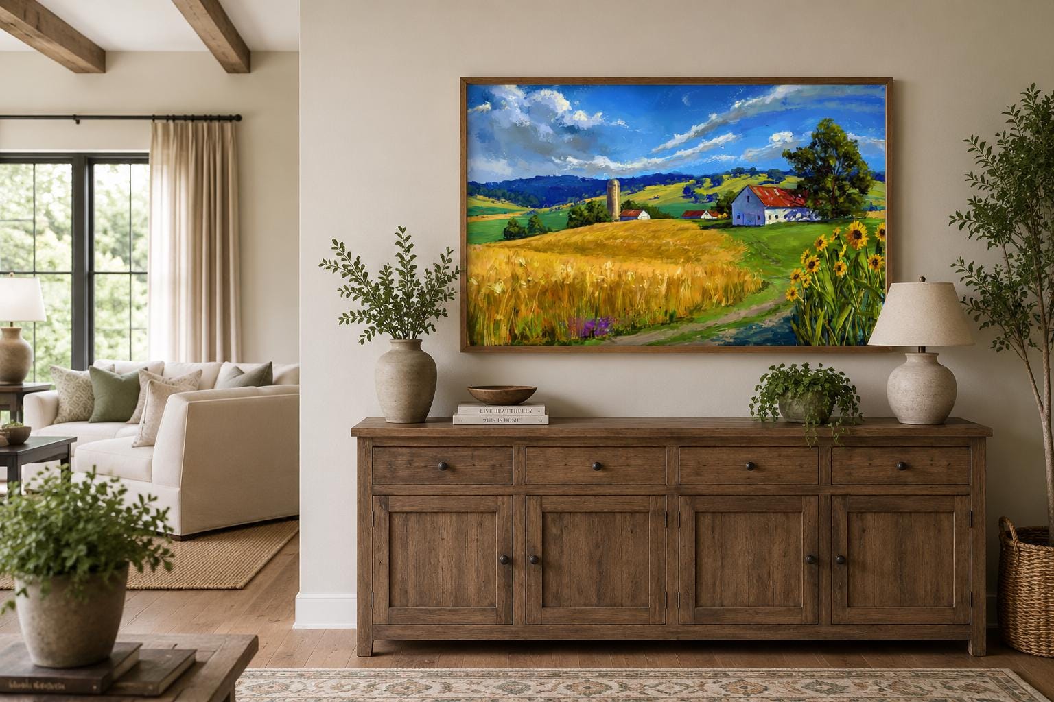 Farmhouse Landscape Wall Art - Impressionist Wheat Field with Sunflowers Canvas Print