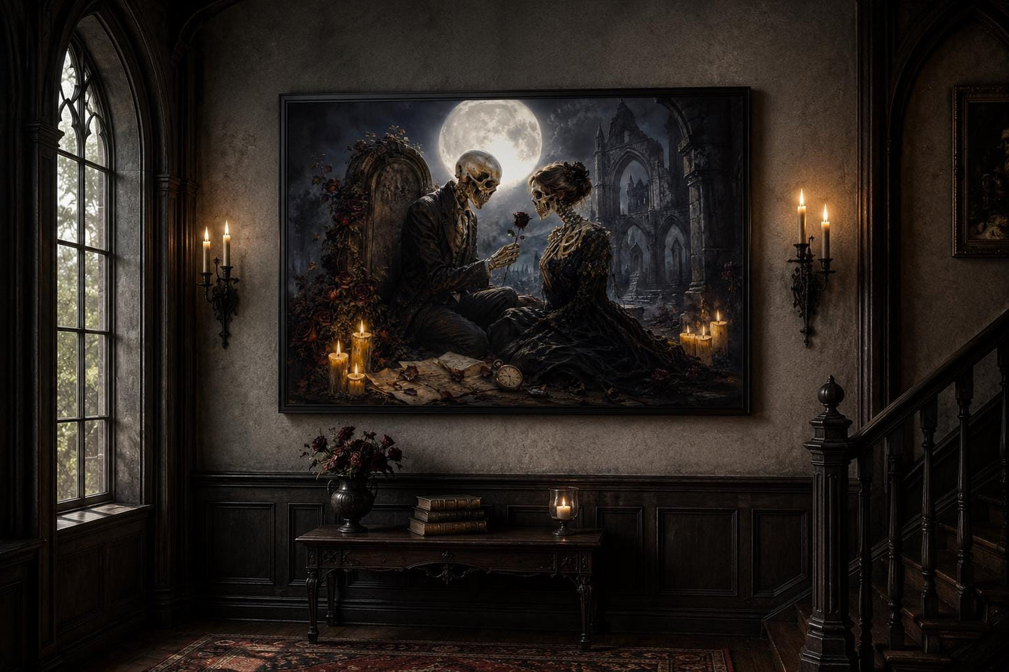 Gothic Skeleton Couple Art - Romantic Gothic Canvas for Dark Academia Wall