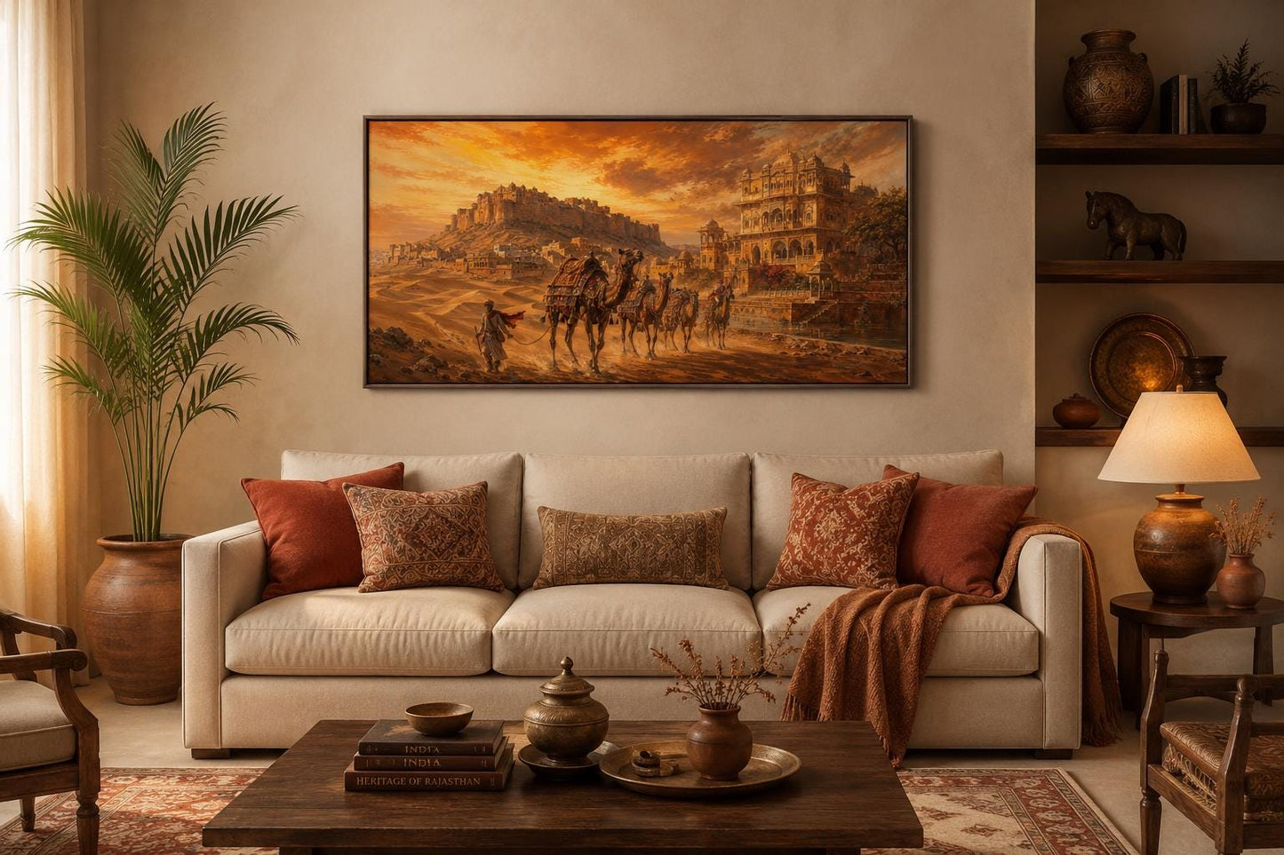 Indian Camel Caravan Painting | Rajasthan Wall Art - Desert Landscape Canvas Print