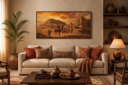 Indian Camel Caravan Painting | Rajasthan Wall Art - Desert Landscape Canvas Print