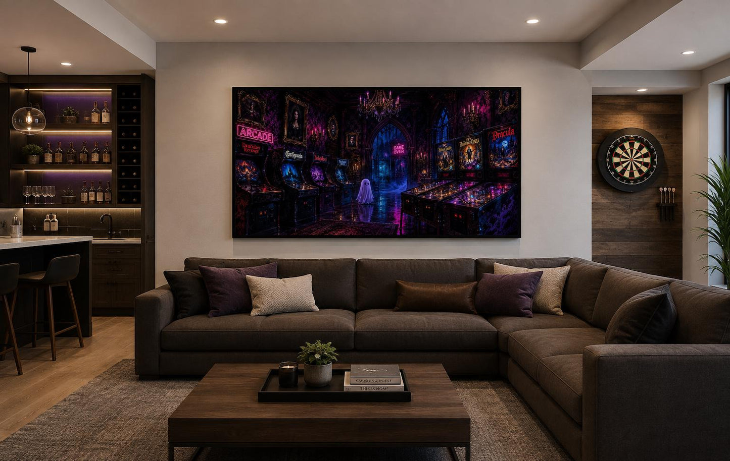 Spooky Halloween Arcade with Ghost and Pinball Machines in Neon Purple, Man Cave Game Room Wall Art
